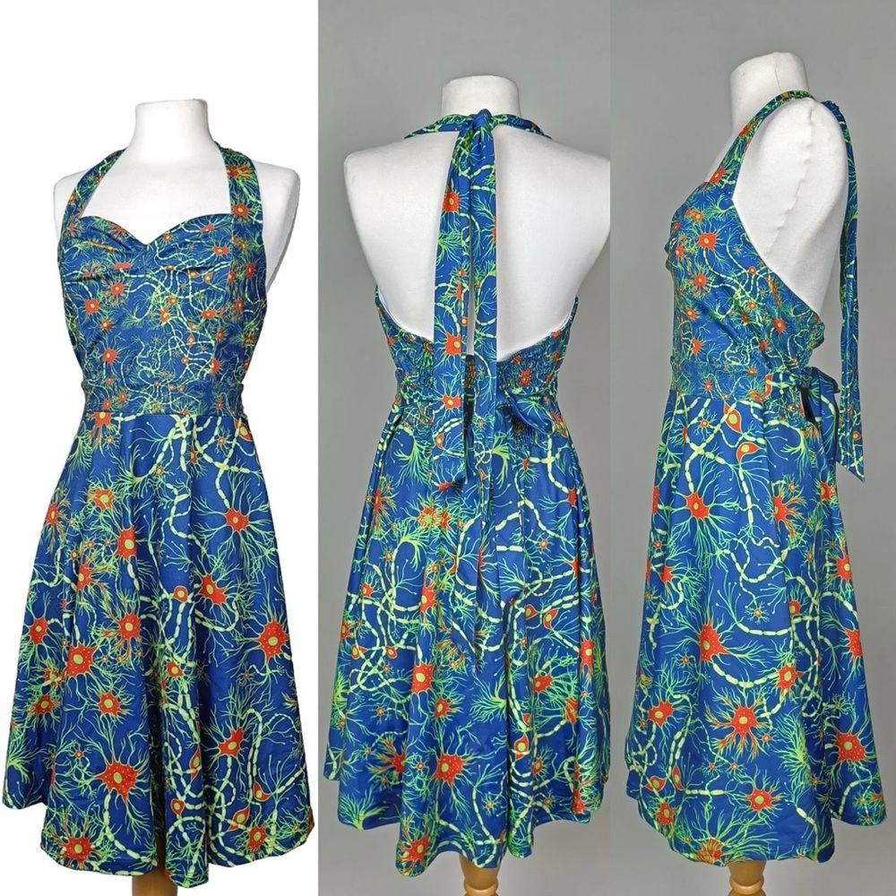 Unique Blue green Science Neurons Halterneck Swing Dress S